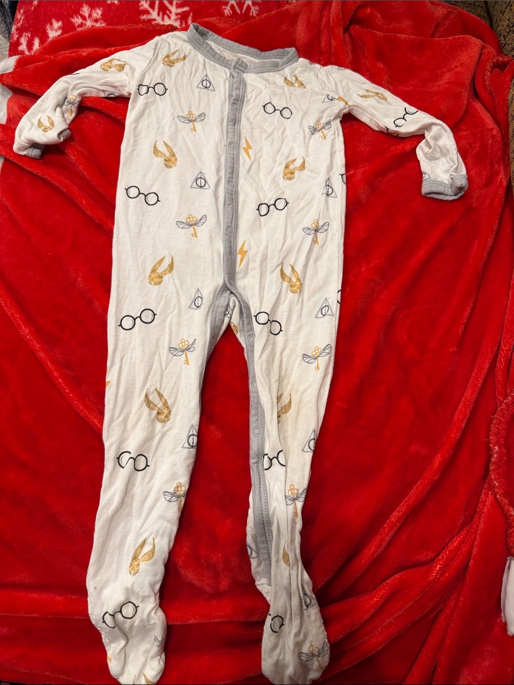 Baby One-Piece Footed Pajamas in White with Gold and Gray Accents